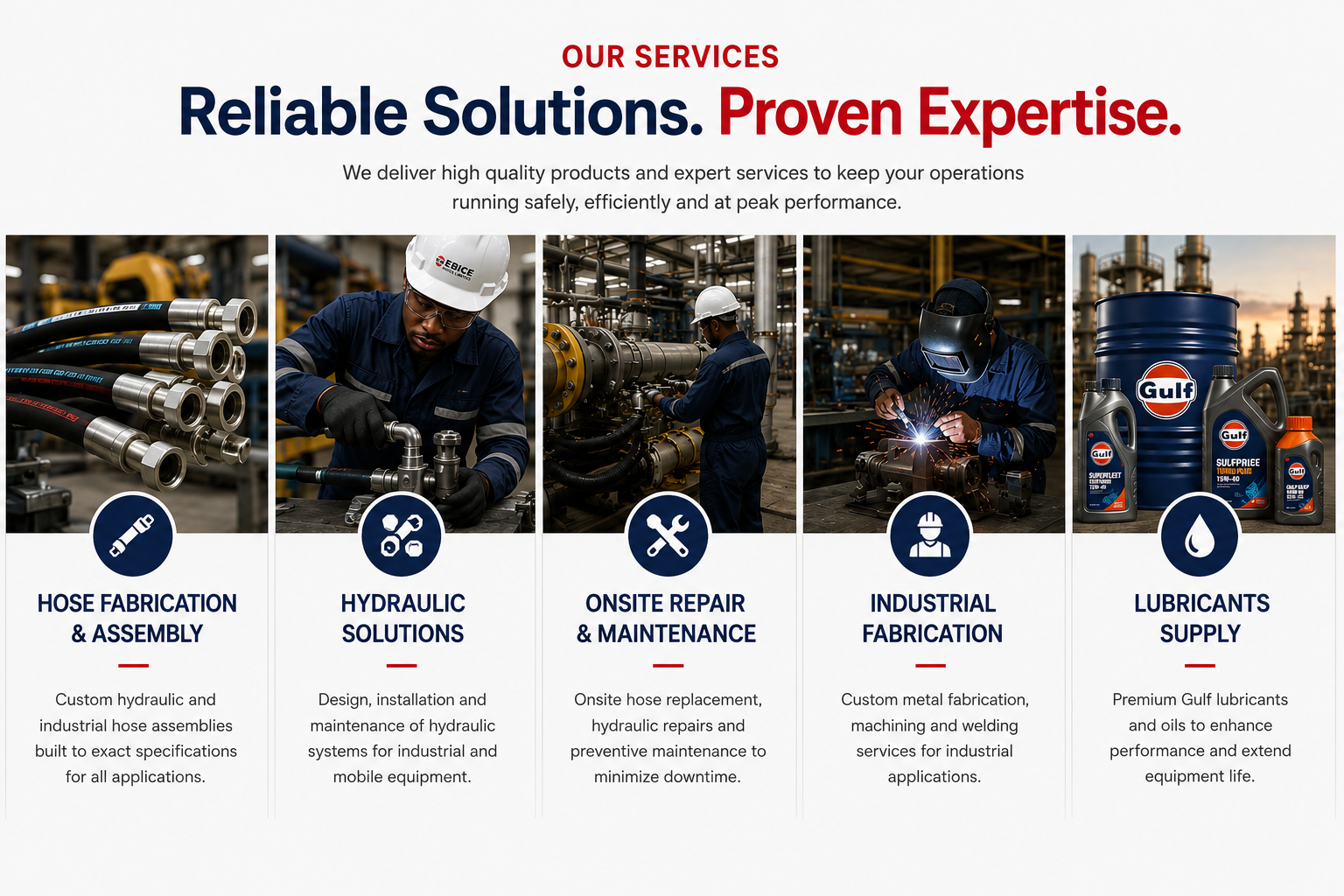Industrial services offered by Ebice Hoses Limited including hose fabrication and assembly, hydraulic solutions, onsite repair and maintenance, industrial fabrication, and Gulf lubricants supply.