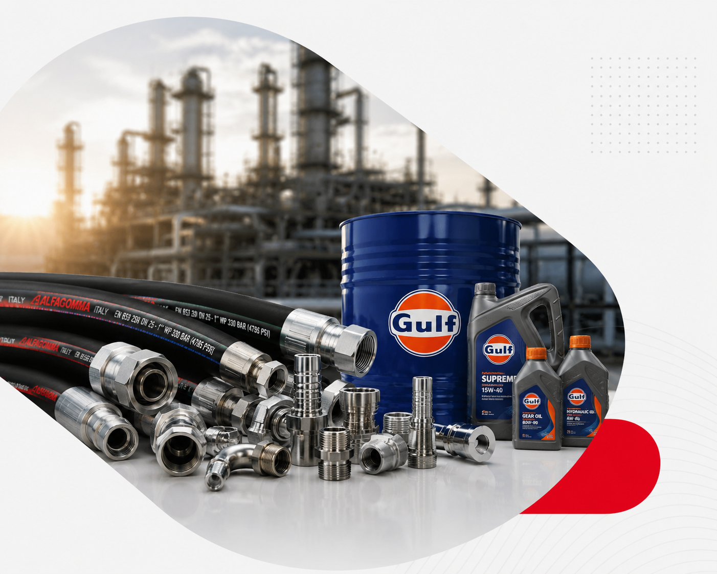 Industrial hoses, hydraulic fittings, and Gulf lubricants supplied by Ebice Hoses Limited for fluid transfer and industrial applications in Nigeria.
