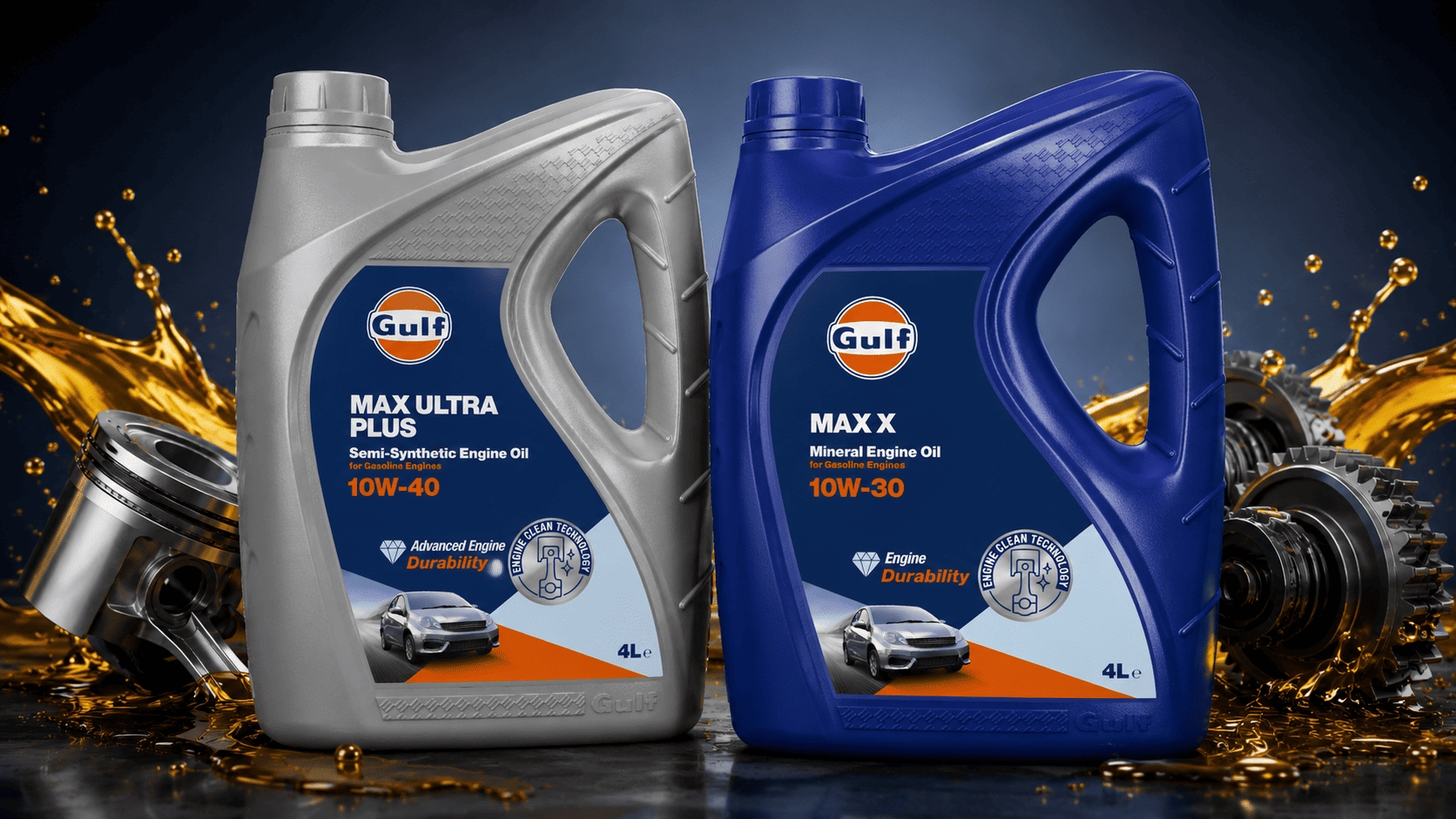 Premium Gulf engine oil containers including Gulf Max Ultra Plus 10W-40 and Gulf Max X 10W-30 displayed with golden oil splashes and engine components, supplied by Ebice Hoses Limited in Nigeria.