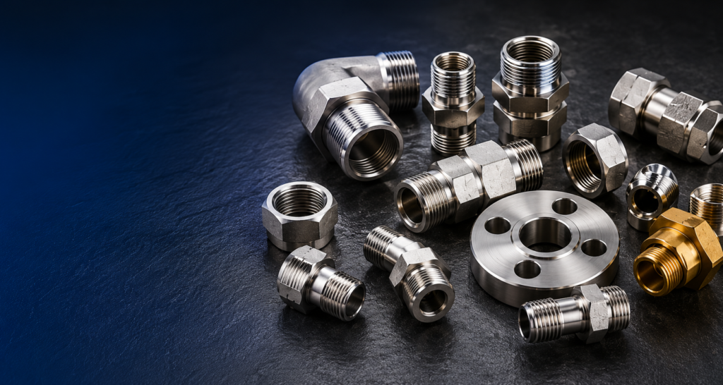 Premium stainless steel hydraulic fittings, BSP, JIC, NPT connectors, flanges, and industrial adaptors displayed for hydraulic and fluid transfer systems by Ebice Hoses Limited.