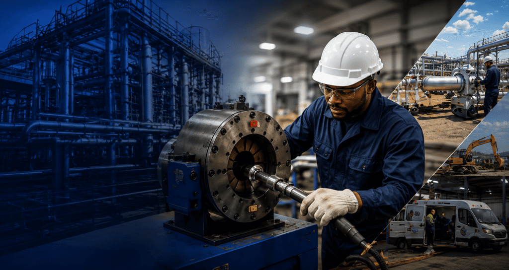 Industrial engineer operating a hydraulic hose crimping machine inside a modern workshop with pipeline construction, industrial facilities, mobile service vehicle, and engineering operations representing hydraulic and fluid transfer services by Ebice Hoses Limited.